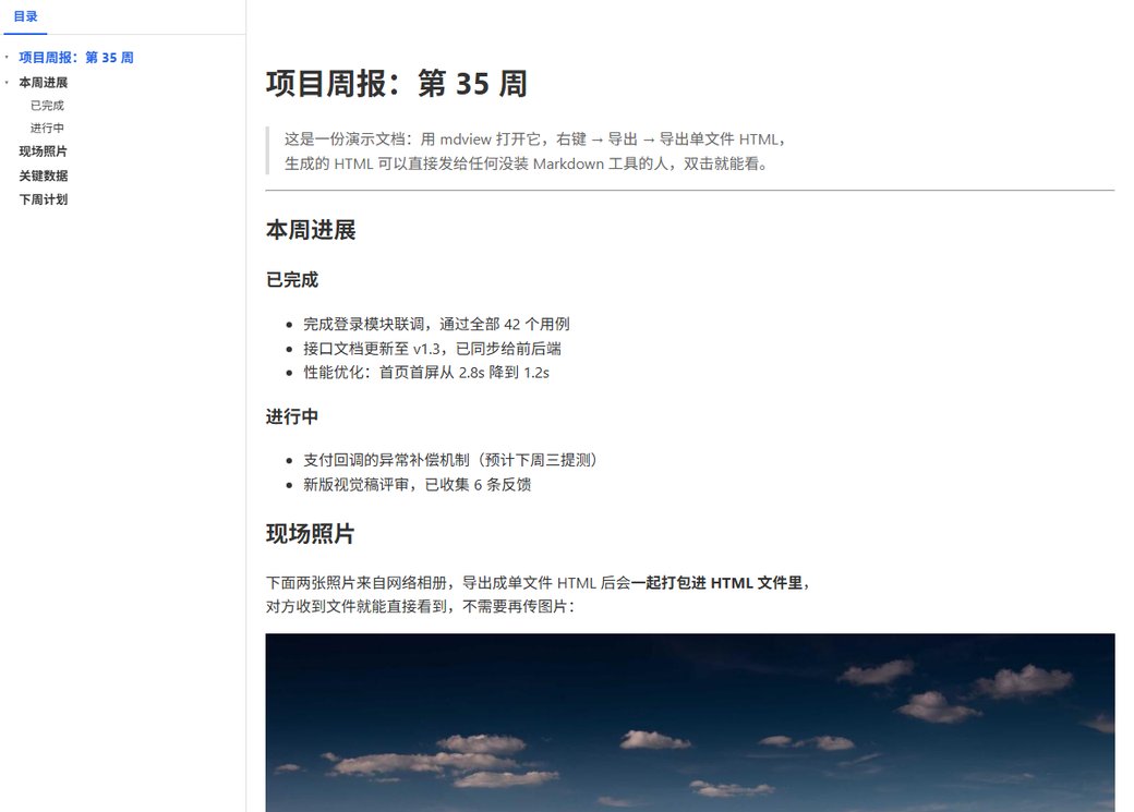 导出的单文件 HTML 用浏览器打开的效果：标题、列表、表格完整渲染
